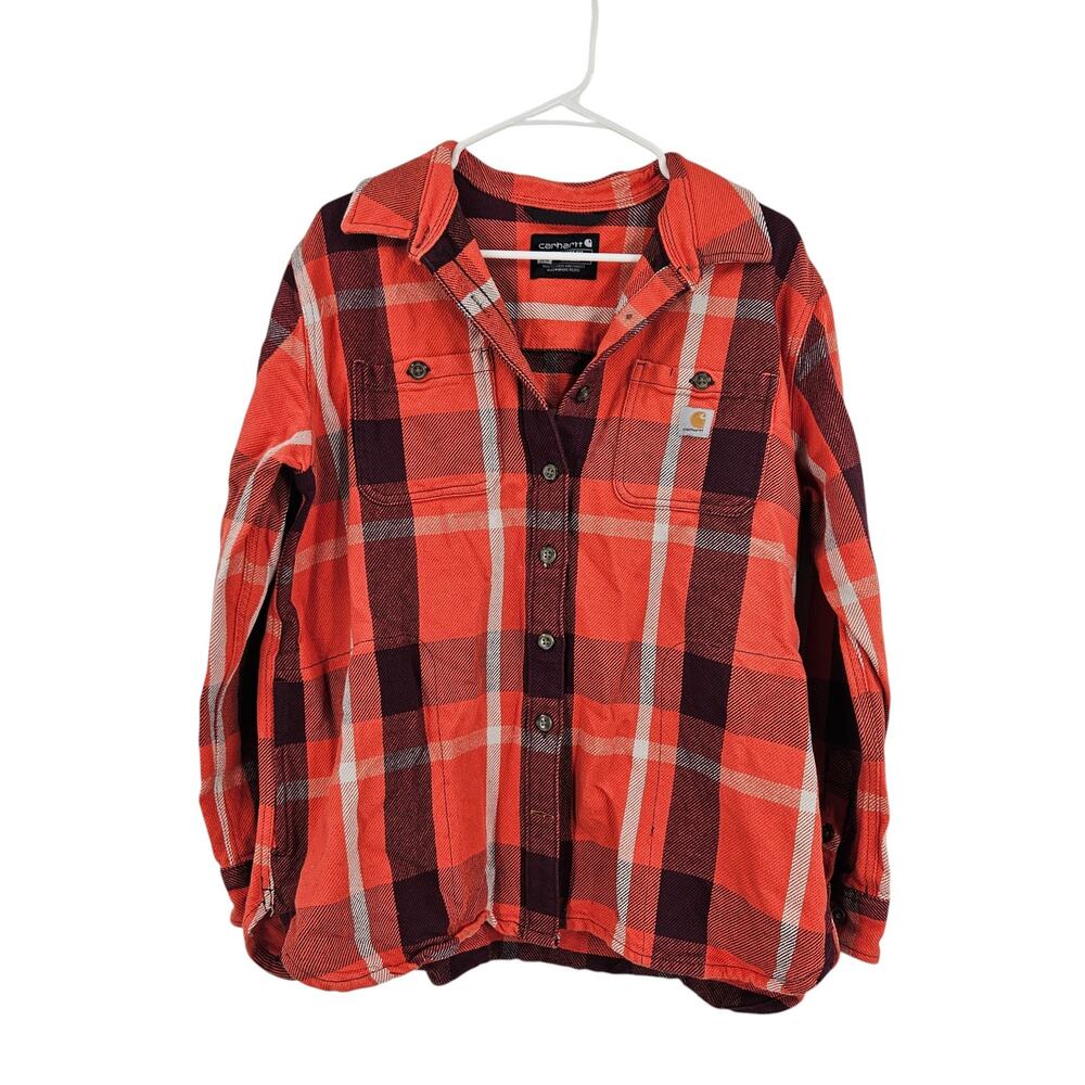 Carhartt Rugged Flex Shirt Orange Flannel Loose Fit Button Down Plaid Size L